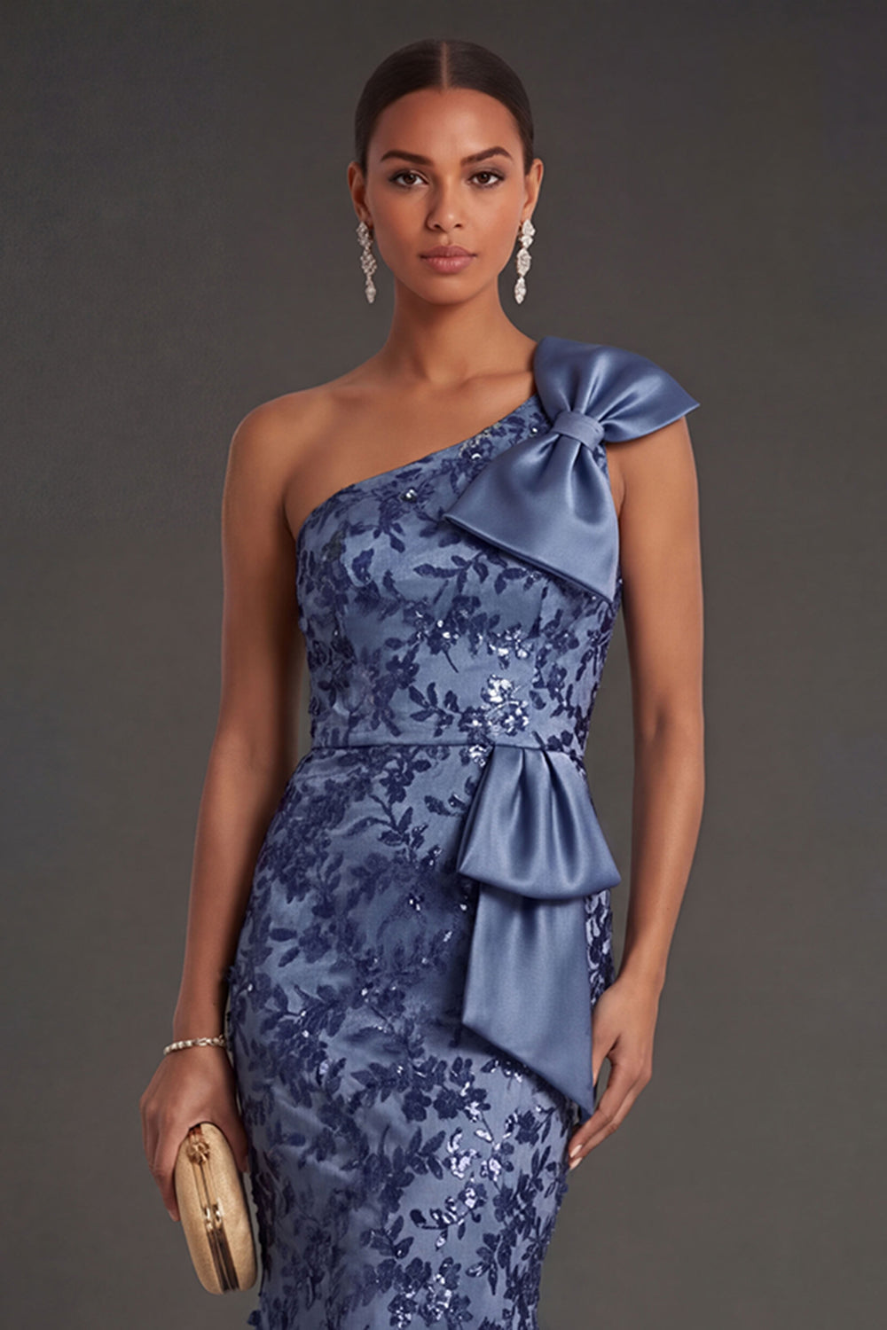 One Shoulder Navy Appliqued Floral Sheath Long Formal Dress with Cape