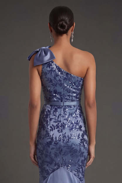 One Shoulder Navy Appliqued Floral Sheath Long Formal Dress with Cape