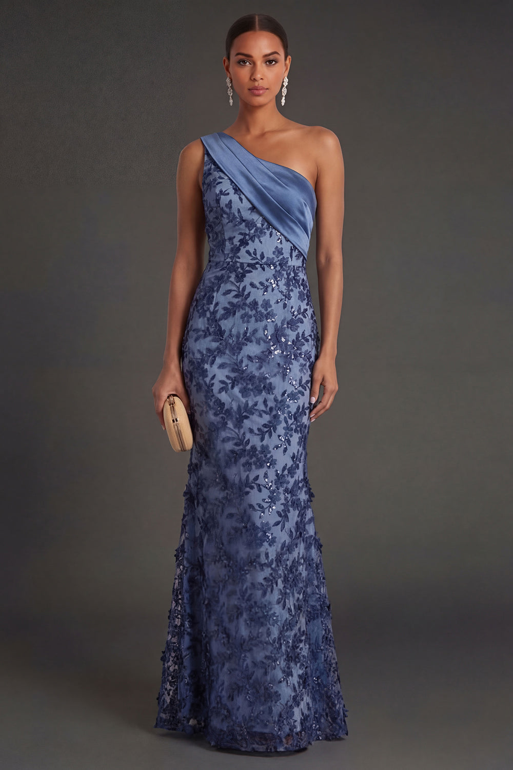 Leely Women Floral One Shoulder Sheath Long Navy Formal Dress Ruched Appliqued Sleeveless Evening Dress