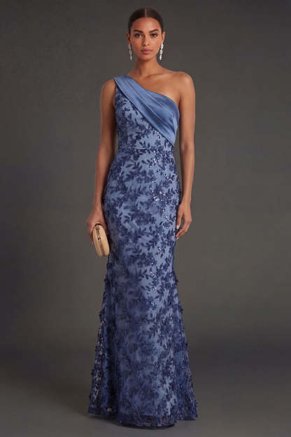 Leely Women Floral One Shoulder Sheath Long Navy Formal Dress Ruched Appliqued Sleeveless Evening Dress