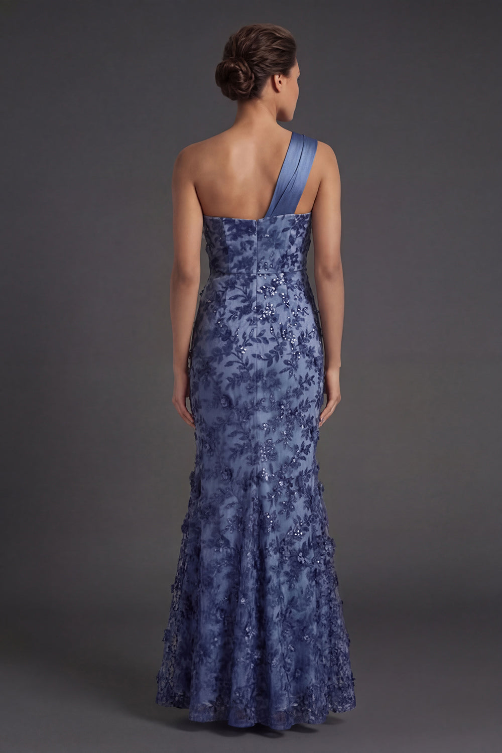 Floral One Shoulder Ruched Sheath Long Navy Formal Dress