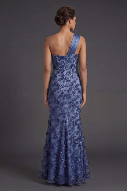 Floral One Shoulder Ruched Sheath Long Navy Formal Dress