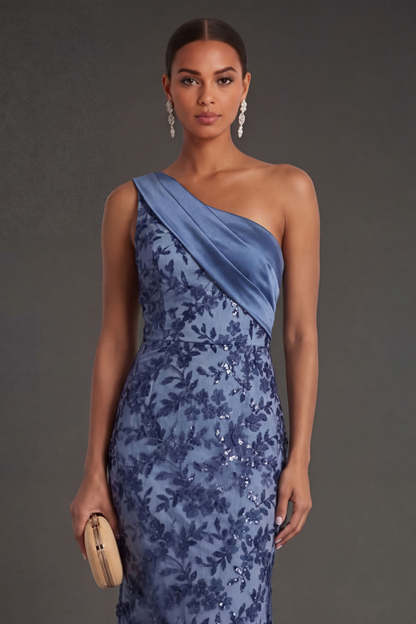 Floral One Shoulder Ruched Sheath Long Navy Formal Dress