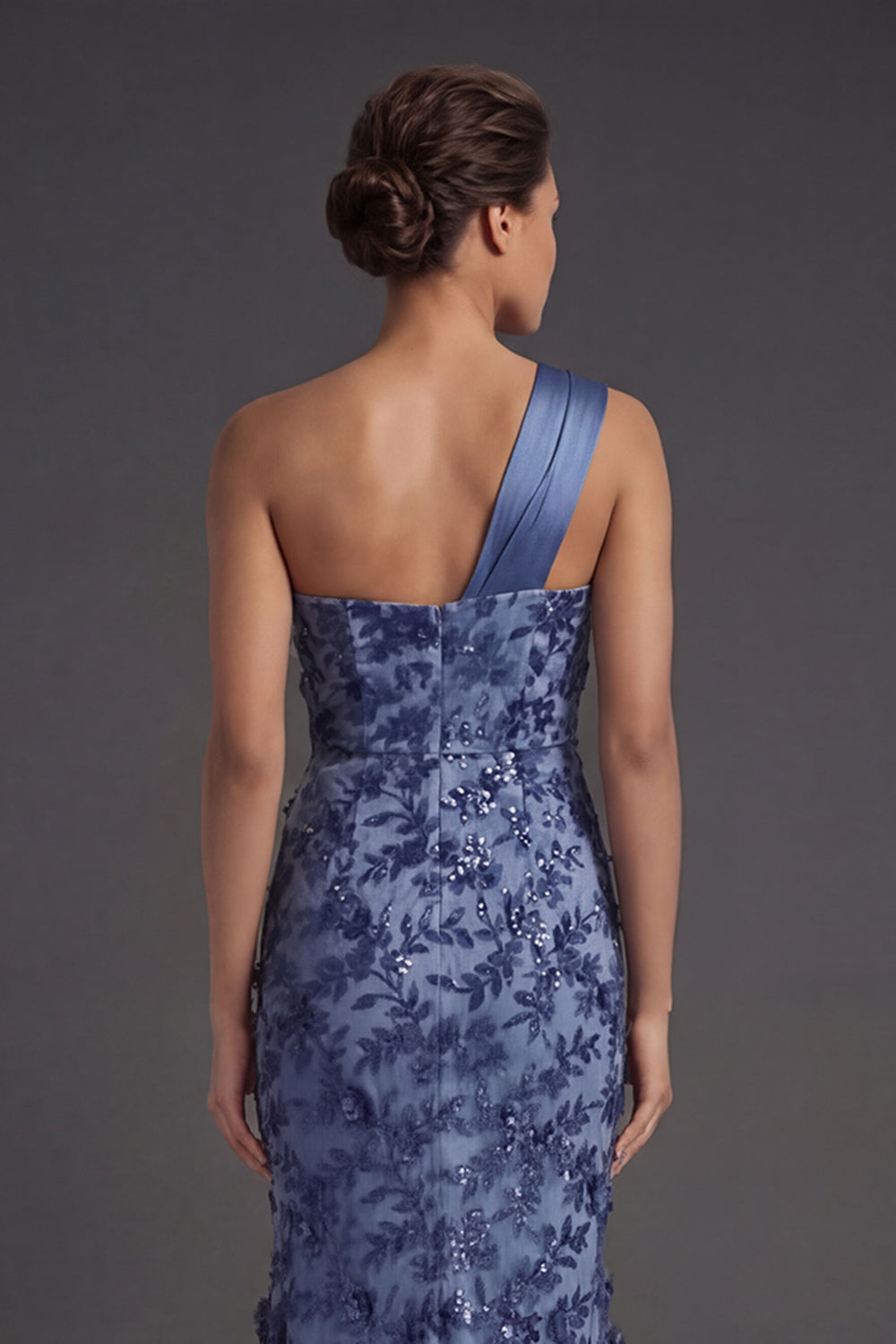 Floral One Shoulder Ruched Sheath Long Navy Formal Dress