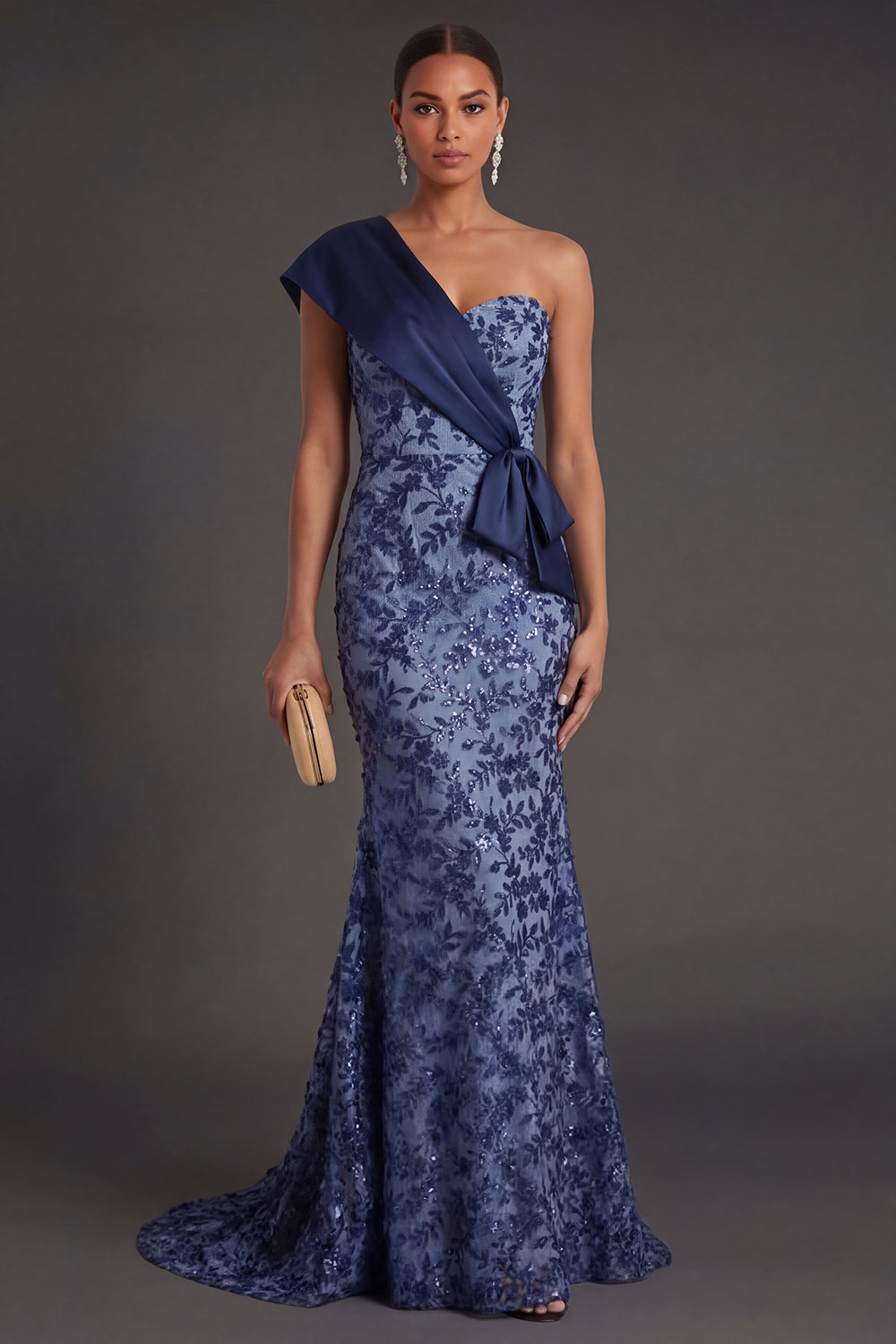 Mermaid Floral Appliqued Navy One Shoulder Long Formal Dress