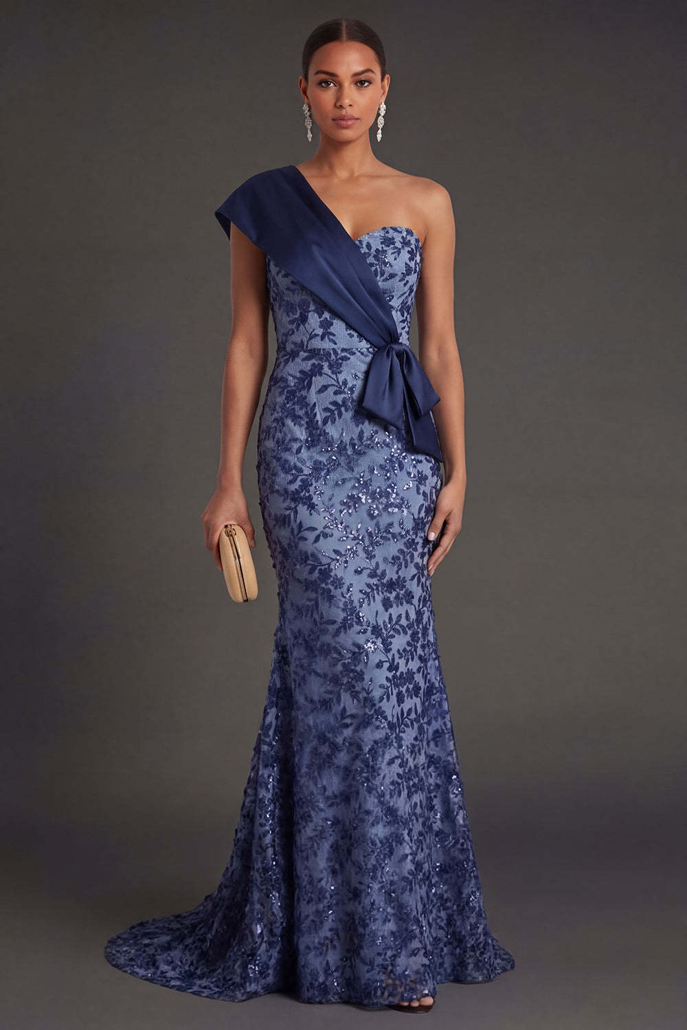 Leely Women Mermaid Floral Appliqued Navy One Shoulder Long Formal Dress Backless Ruched Sleeveless Evening Dress