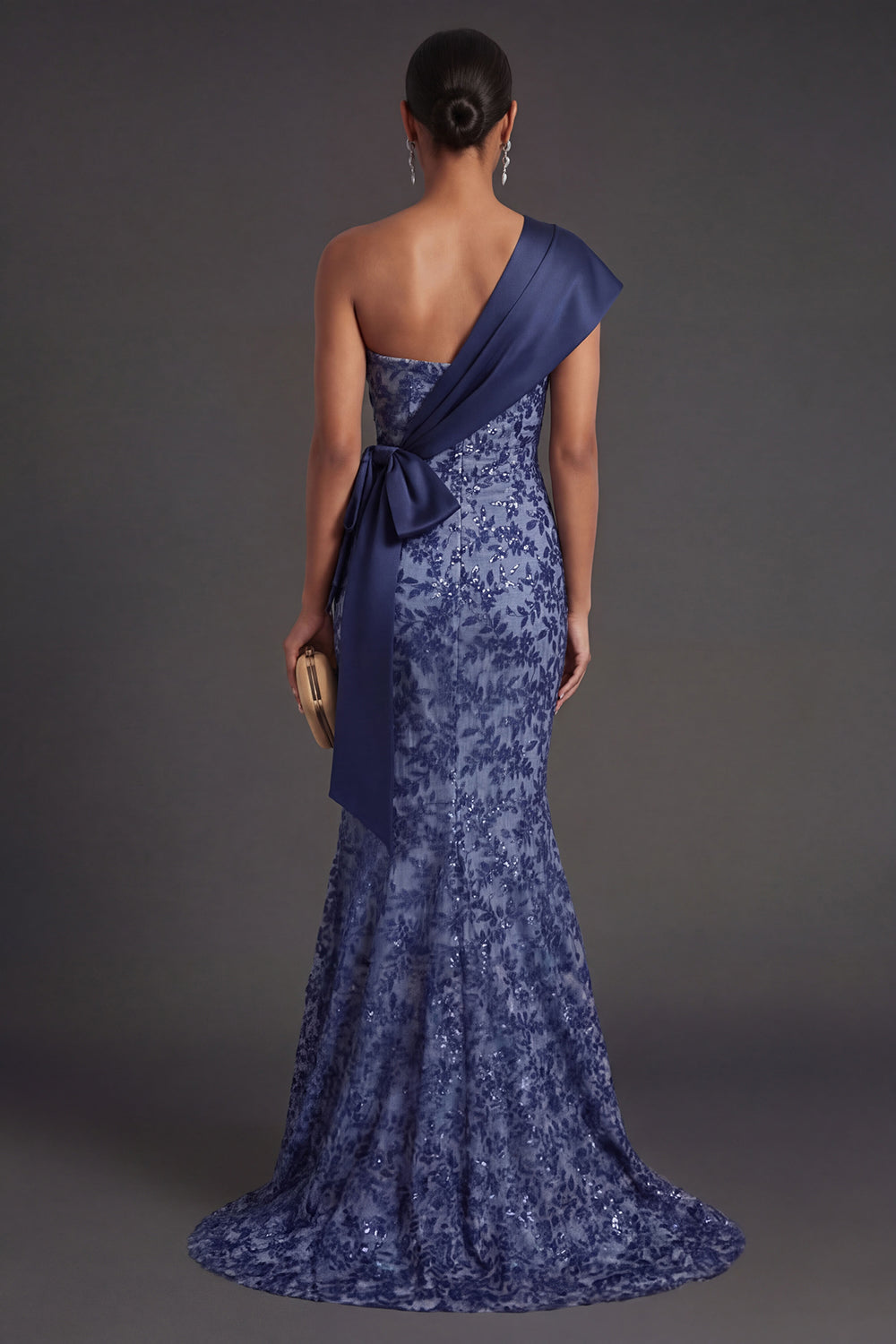 Mermaid Floral Appliqued Navy One Shoulder Long Formal Dress