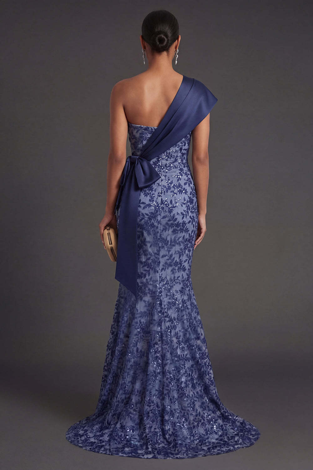 Mermaid Floral Appliqued Navy One Shoulder Long Formal Dress