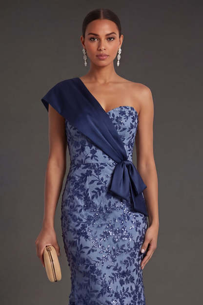 Mermaid Floral Appliqued Navy One Shoulder Long Formal Dress