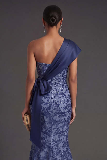 Mermaid Floral Appliqued Navy One Shoulder Long Formal Dress