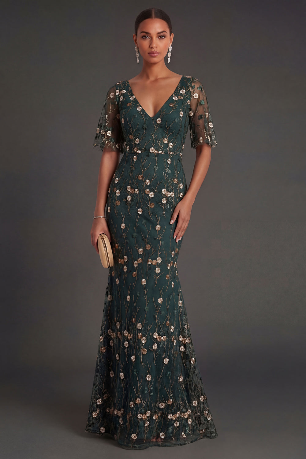 Dark Green Floral A Line V Neck Appliqued Long Formal Dress