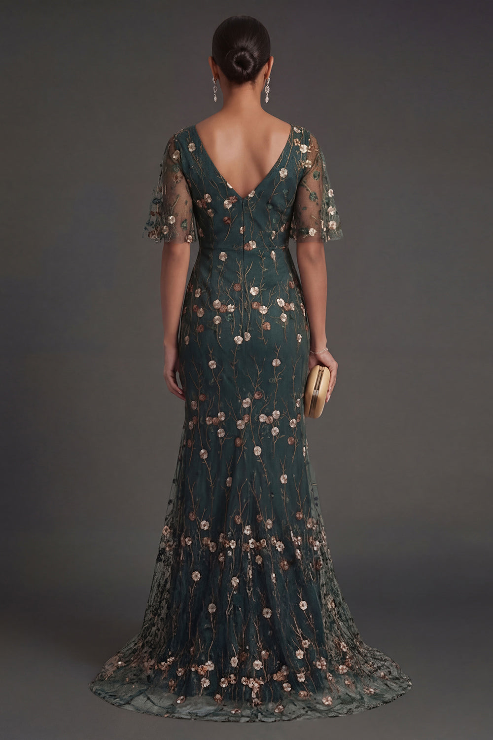 Dark Green Floral A Line V Neck Appliqued Long Formal Dress
