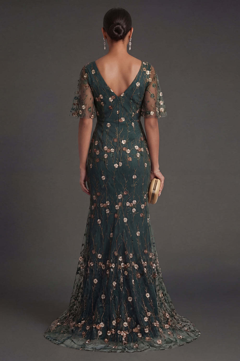 Dark Green Floral A Line V Neck Appliqued Long Formal Dress