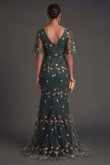 Dark Green Floral A Line V Neck Appliqued Long Formal Dress