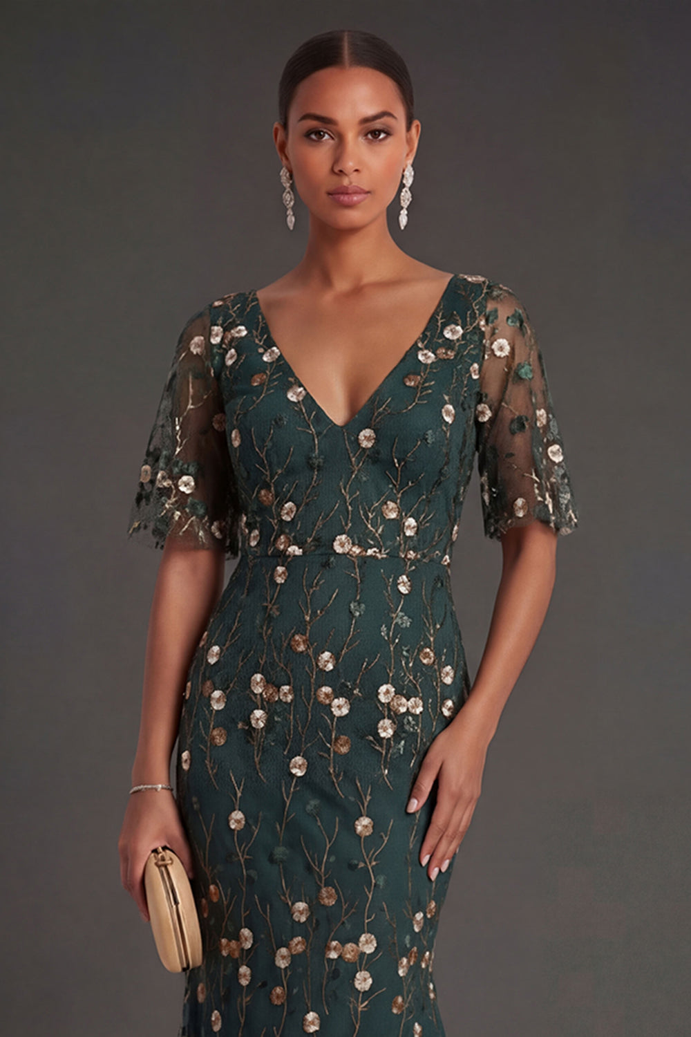 Dark Green Floral A Line V Neck Appliqued Long Formal Dress
