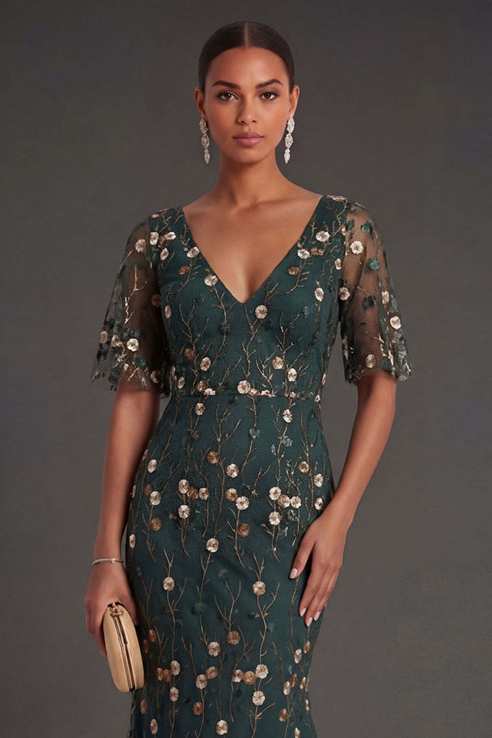 Dark Green Floral A Line V Neck Appliqued Long Formal Dress