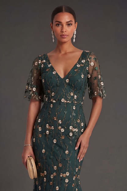 Dark Green Floral A Line V Neck Appliqued Long Formal Dress