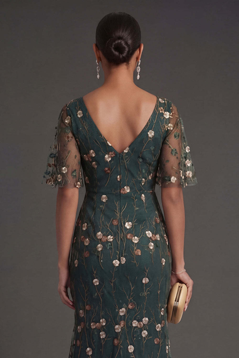 Dark Green Floral A Line V Neck Appliqued Long Formal Dress
