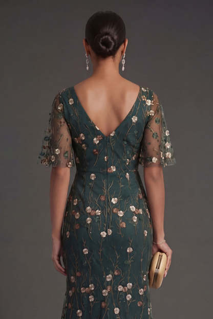Dark Green Floral A Line V Neck Appliqued Long Formal Dress