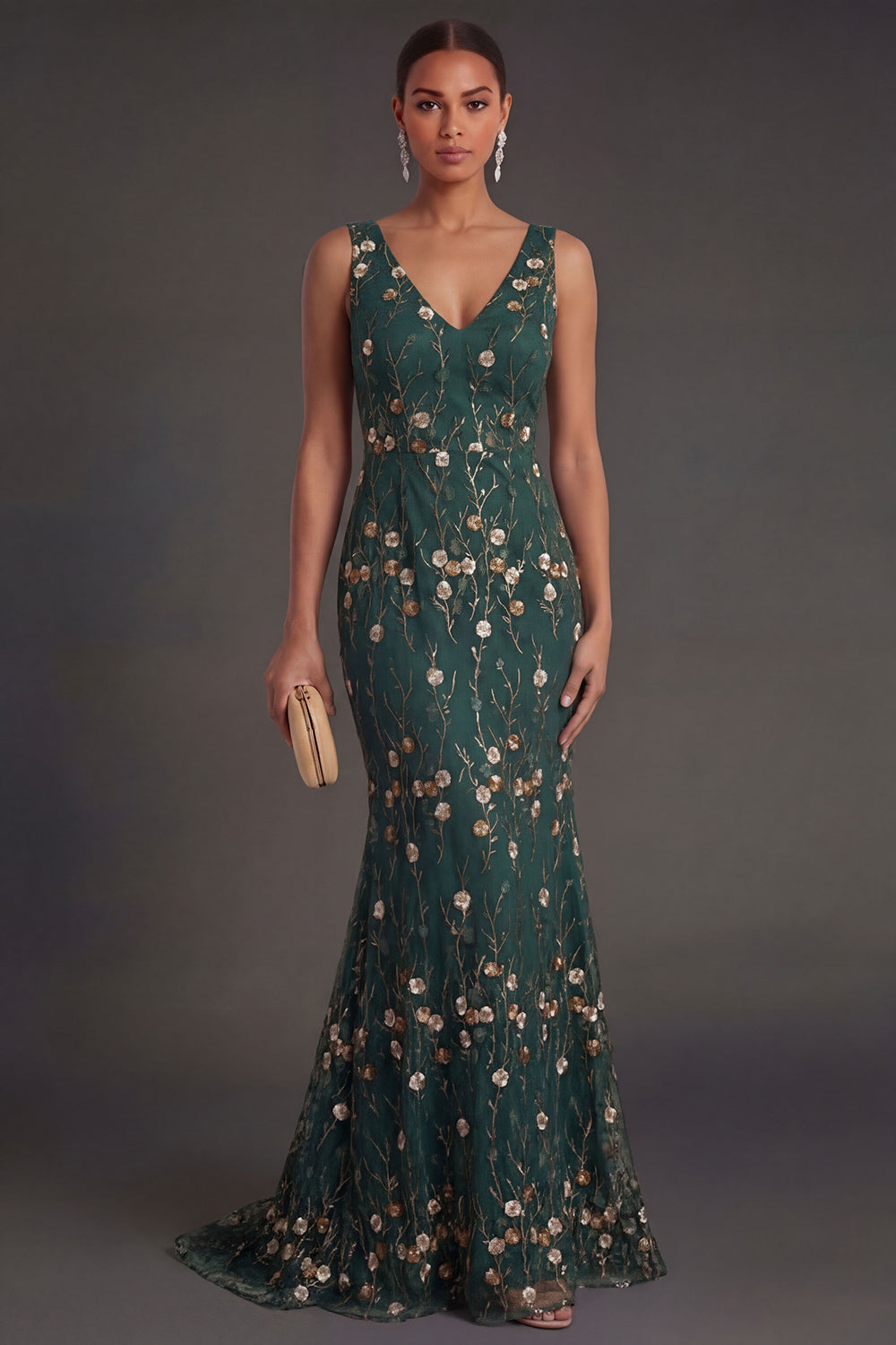 Leely Women Floral Dark Green Mermaid V Neck Long Formal Dress Appliqued Backless Sleeveless Gala Dress