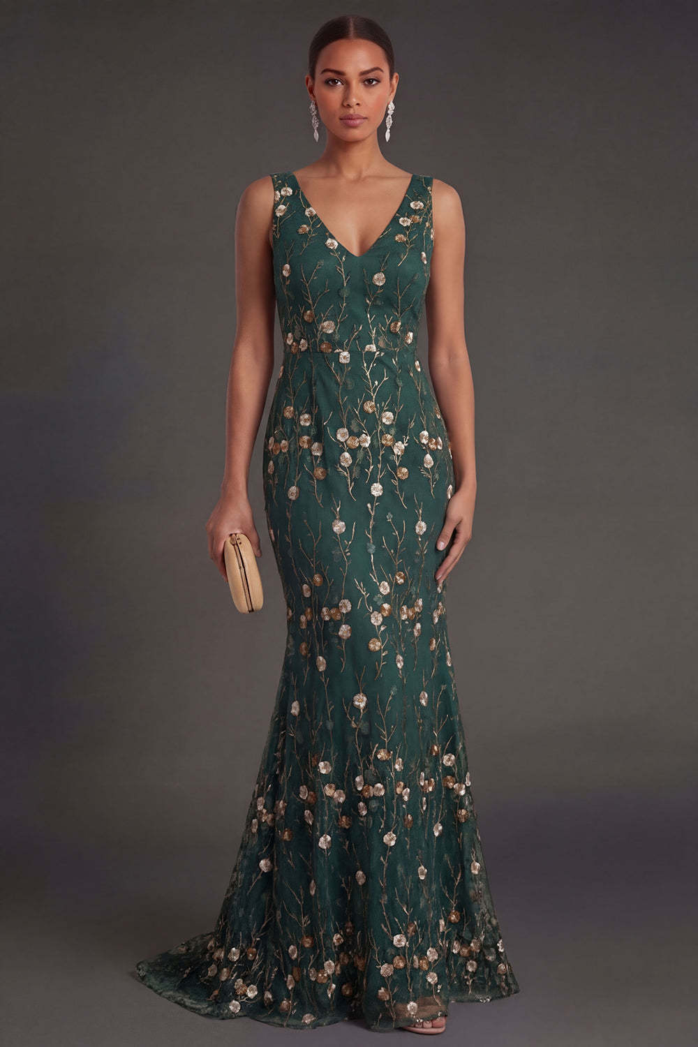Leely Women Floral Dark Green Mermaid V Neck Long Formal Dress Appliqued Backless Sleeveless Gala Dress
