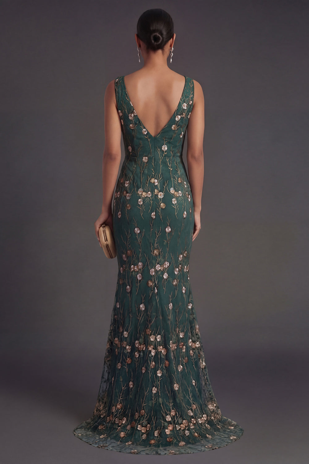 Floral Dark Green Mermaid Appliqued V Neck Long Formal Dress
