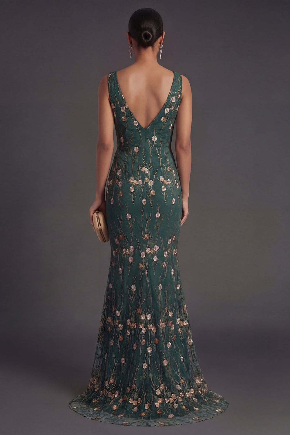 Floral Dark Green Mermaid Appliqued V Neck Long Formal Dress