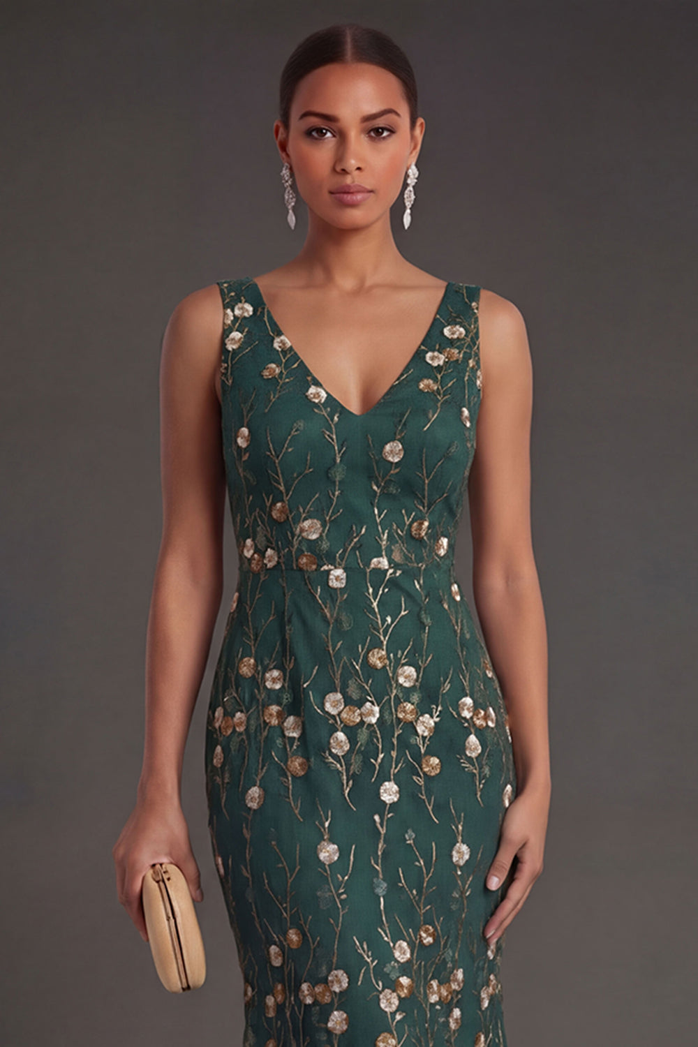 Floral Dark Green Mermaid Appliqued V Neck Long Formal Dress