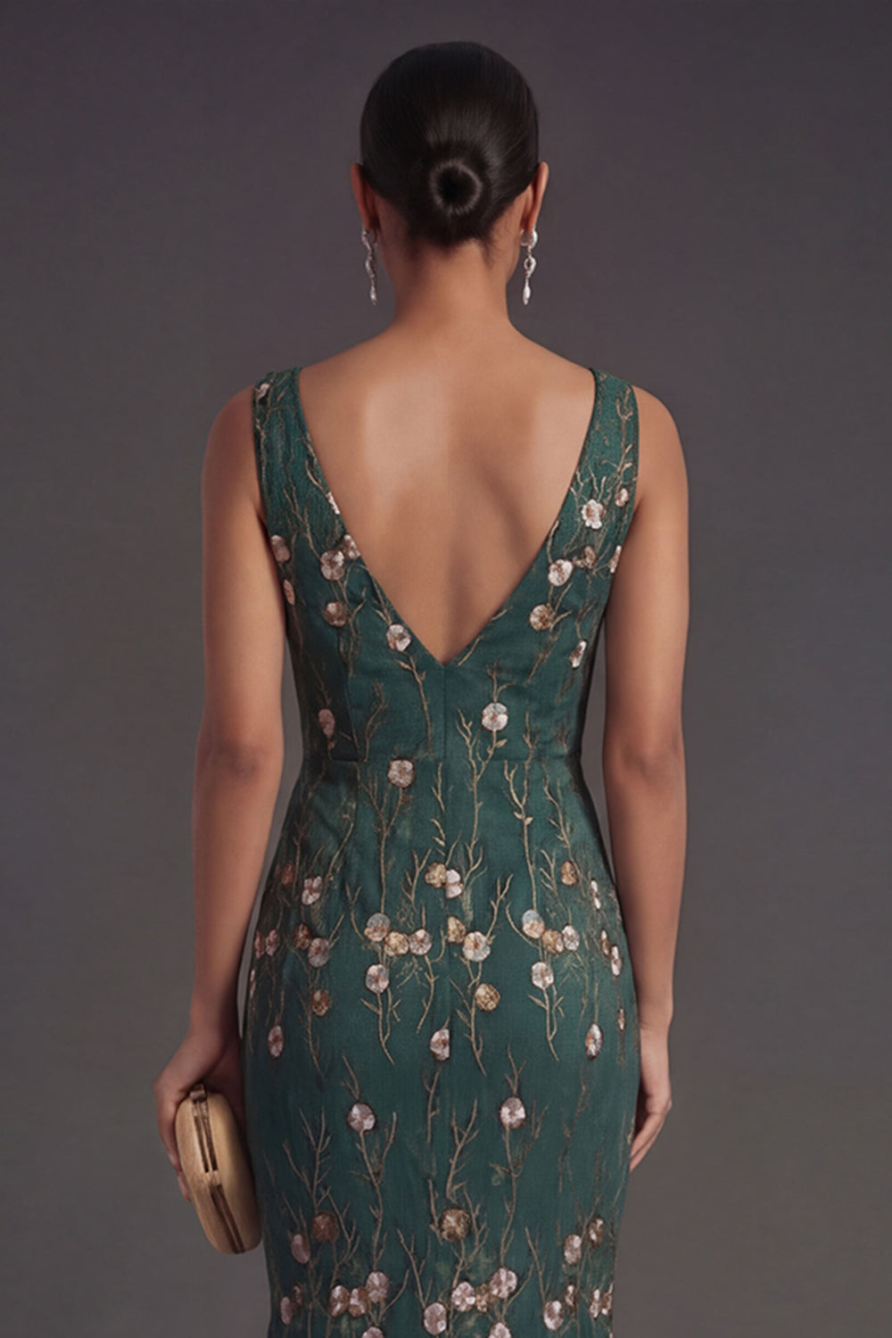 Floral Dark Green Mermaid Appliqued V Neck Long Formal Dress