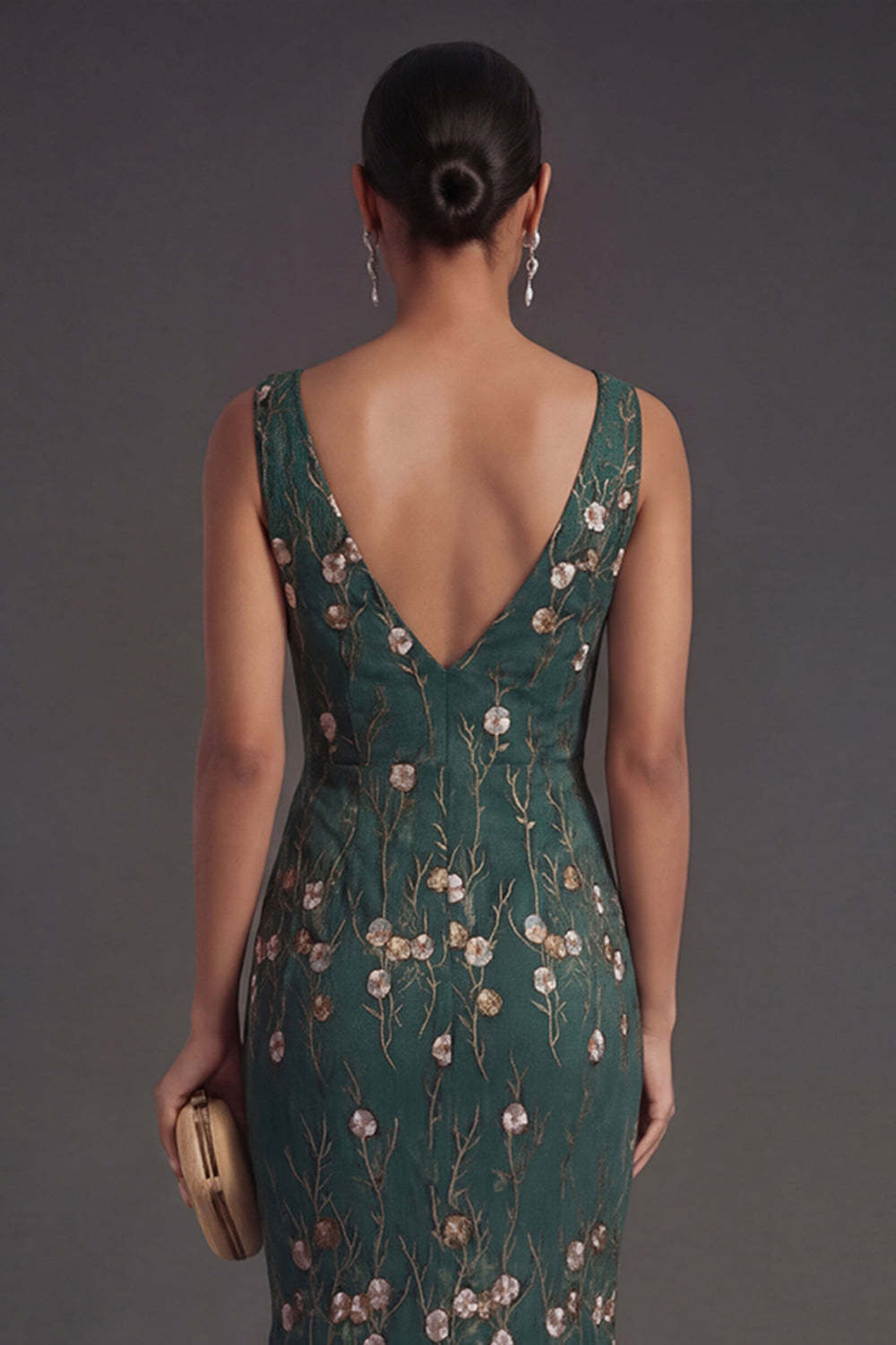 Floral Dark Green Mermaid Appliqued V Neck Long Formal Dress
