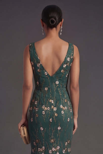 Floral Dark Green Mermaid Appliqued V Neck Long Formal Dress