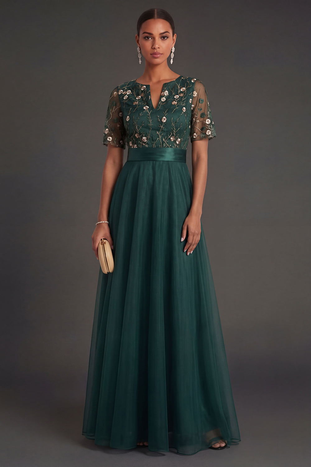 Leely Women Floral Dark Green A Line V Neck Long Formal Dress with Belt Short Sleeves Appliqued Wedding Guest Dress