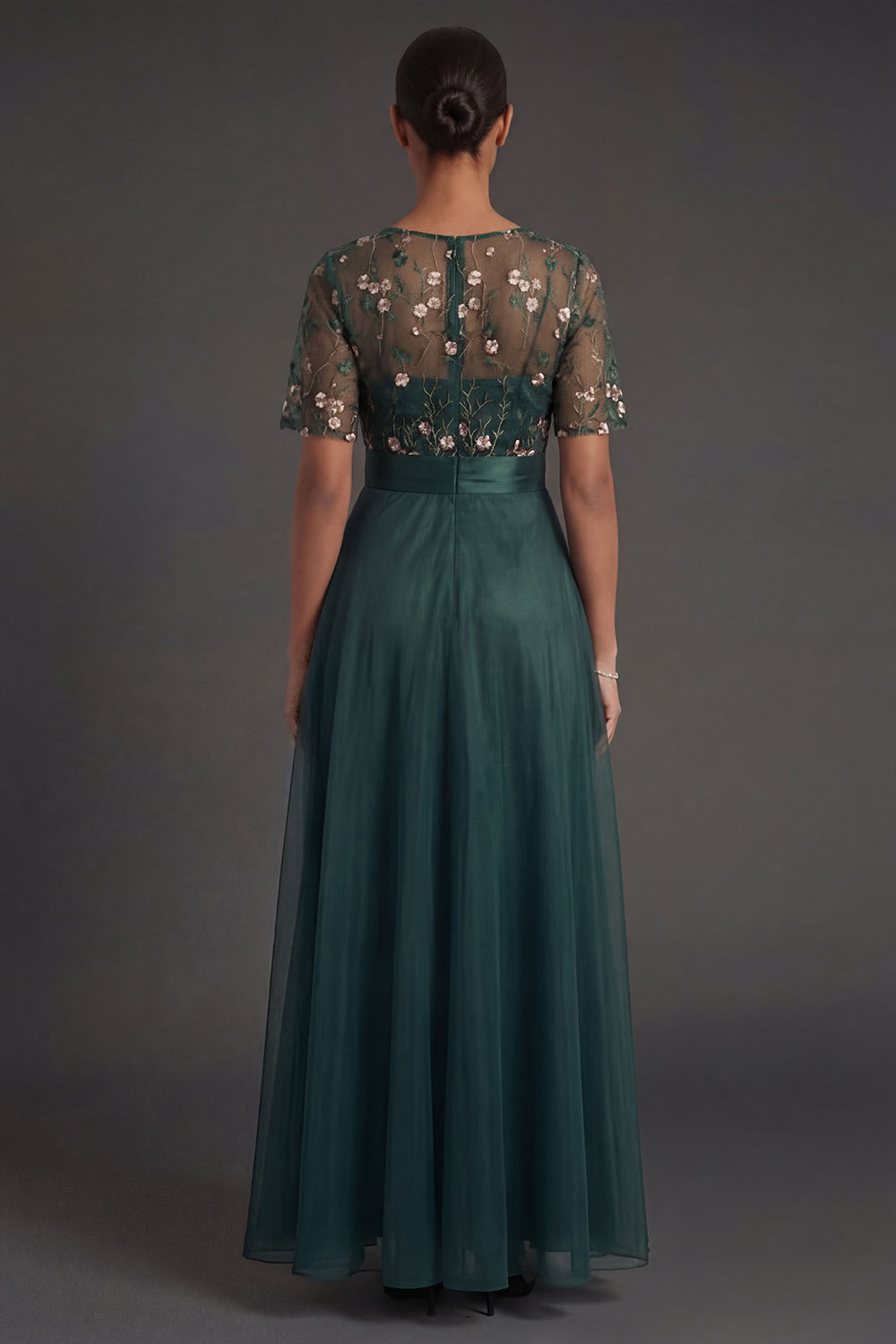 Floral Dark Green A Line V Neck Appliqued Long Formal Dress with Belt