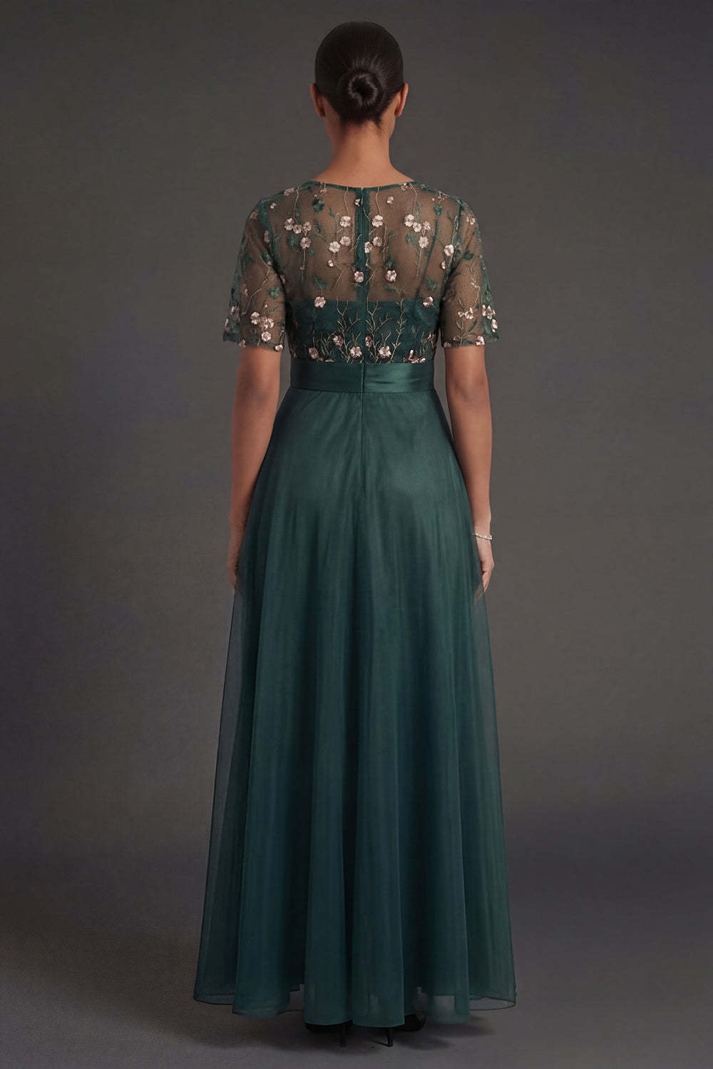 Floral Dark Green A Line V Neck Appliqued Long Formal Dress with Belt