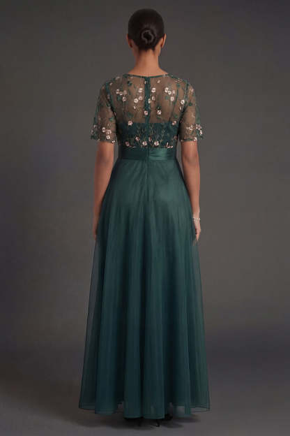 Floral Dark Green A Line V Neck Appliqued Long Formal Dress with Belt