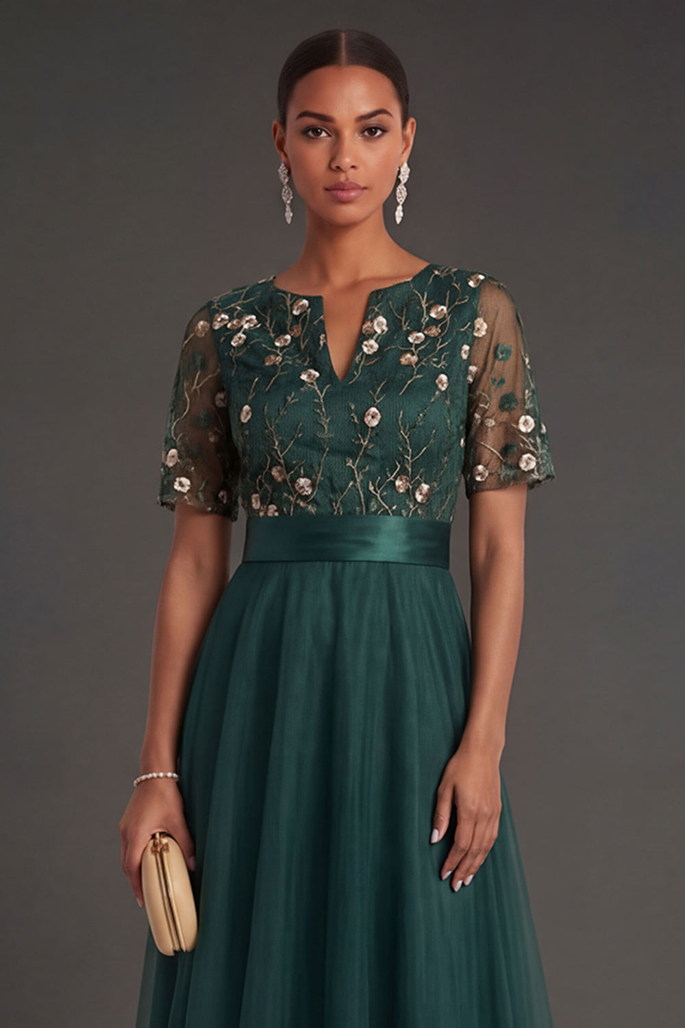 Floral Dark Green A Line V Neck Appliqued Long Formal Dress with Belt