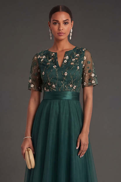 Floral Dark Green A Line V Neck Appliqued Long Formal Dress with Belt