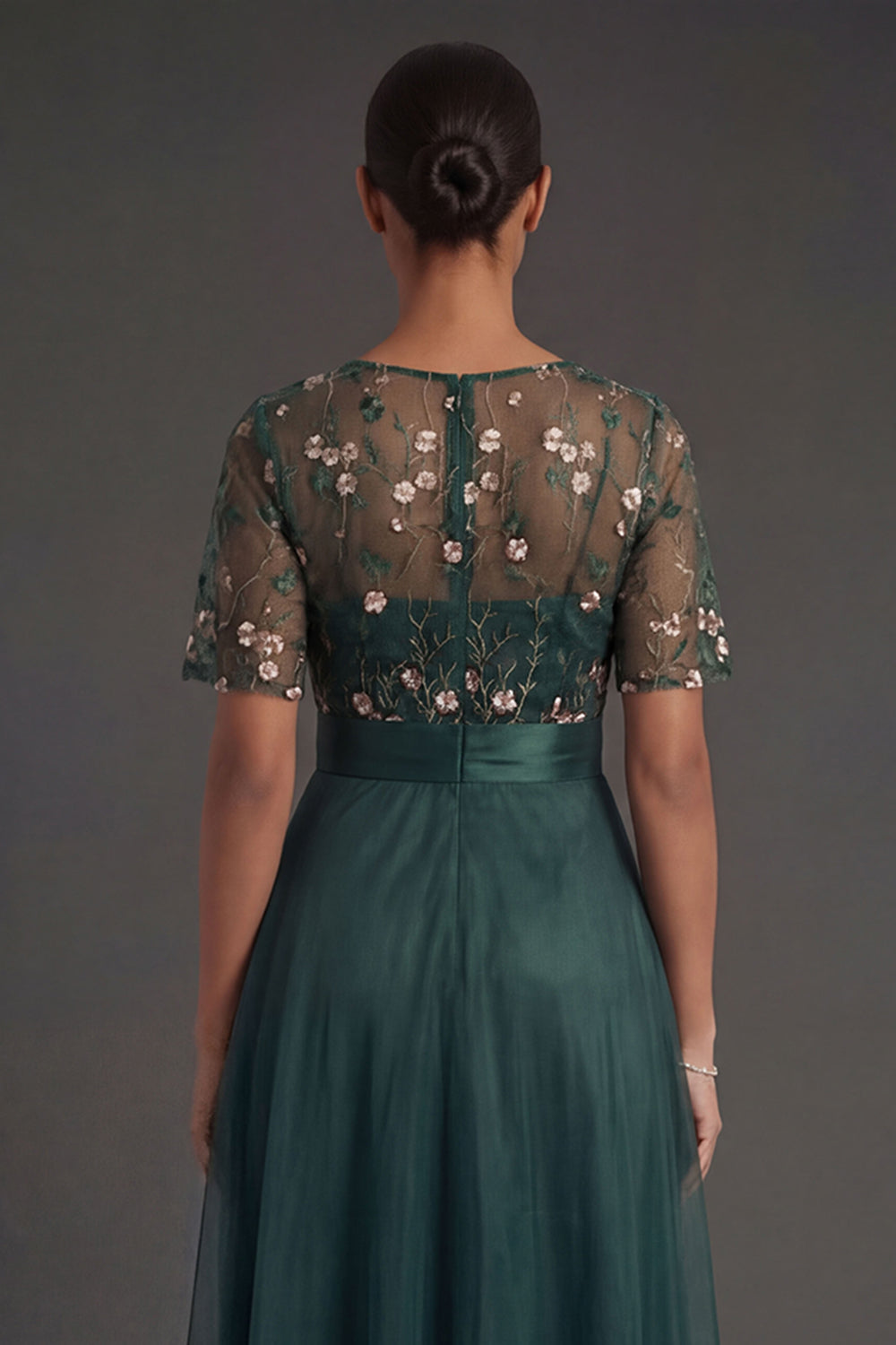 Floral Dark Green A Line V Neck Appliqued Long Formal Dress with Belt