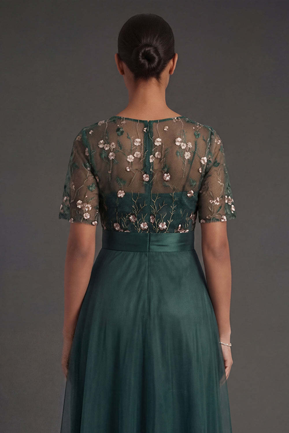 Floral Dark Green A Line V Neck Appliqued Long Formal Dress with Belt