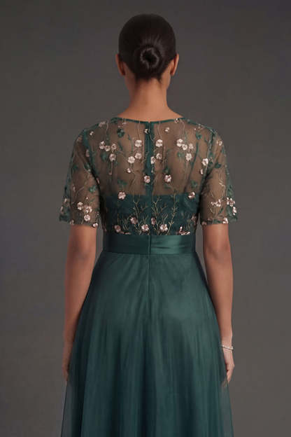 Floral Dark Green A Line V Neck Appliqued Long Formal Dress with Belt