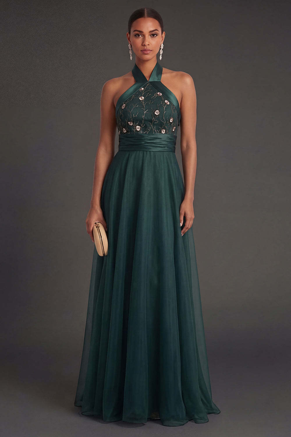 Leely Women Halter Neck A Line Floral Long Formal Dress Backless Appliqued Wedding Guest Dress