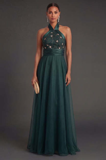 Leely Women Halter Neck A Line Floral Long Formal Dress Backless Appliqued Wedding Guest Dress