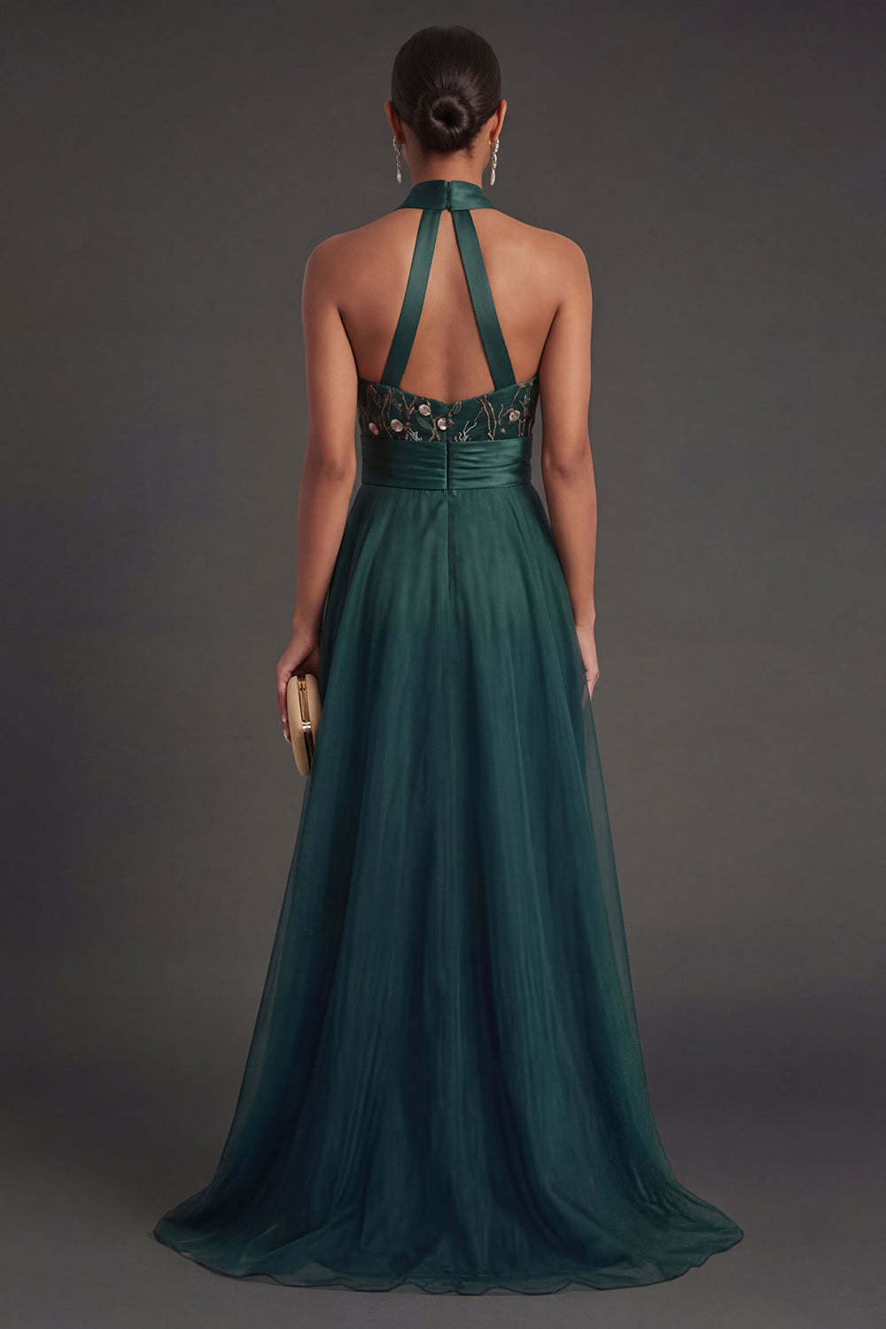 Halter Neck A Line Floral Appliqued Backless Long Formal Dress