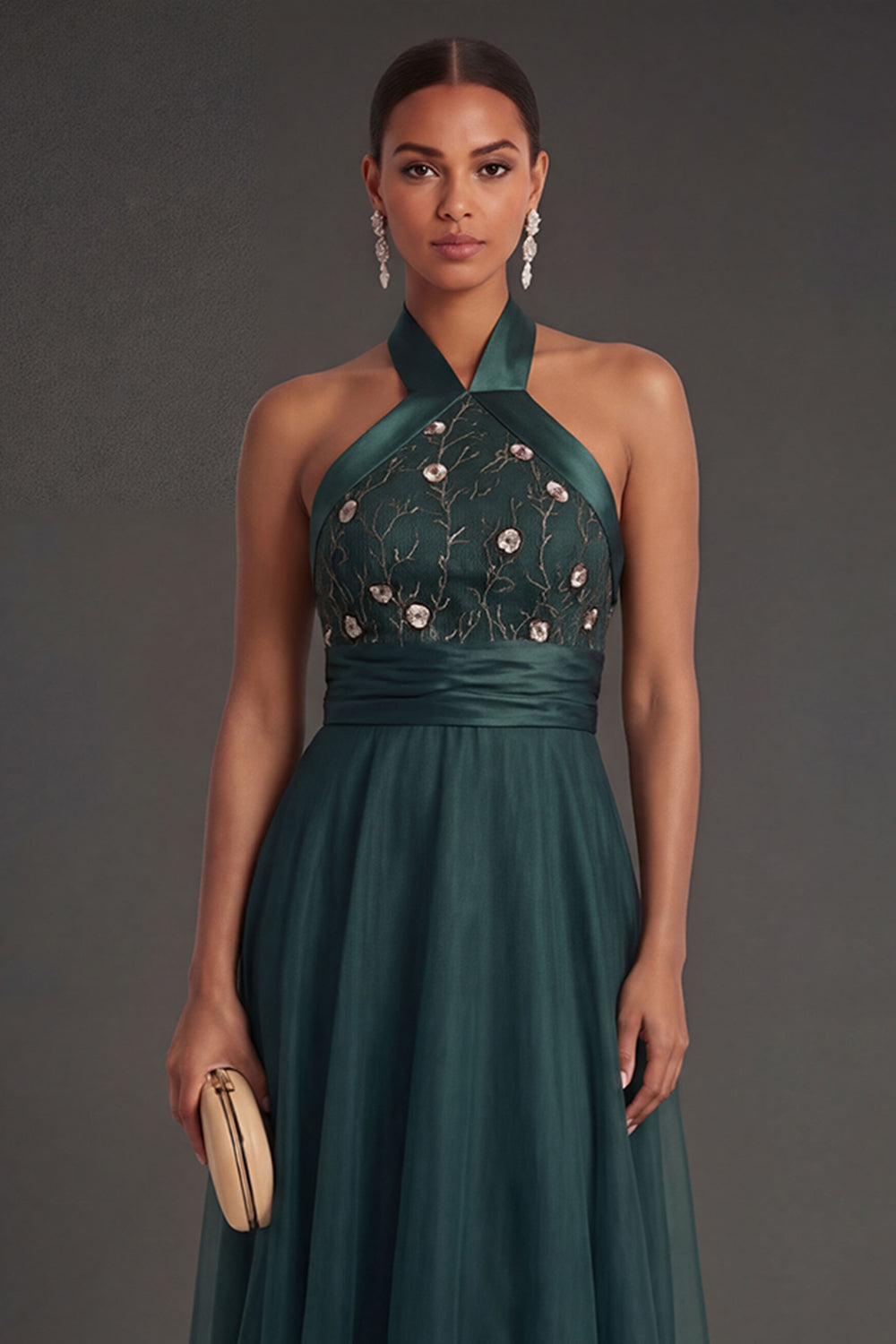 Halter Neck A Line Floral Appliqued Backless Long Formal Dress