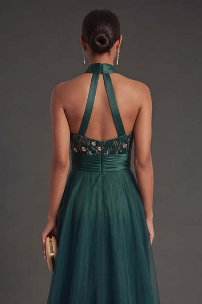 Halter Neck A Line Floral Appliqued Backless Long Formal Dress