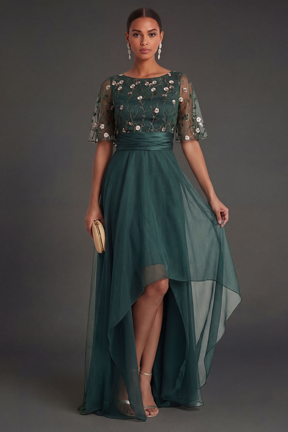 Leely Women A Line Floral Dark Green High Low Formal Dress Round Neck Short Sleeves Wedding Guest Dress