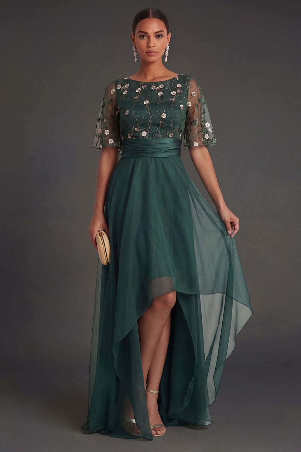 Leely Women A Line Floral Dark Green High Low Formal Dress Round Neck Short Sleeves Wedding Guest Dress