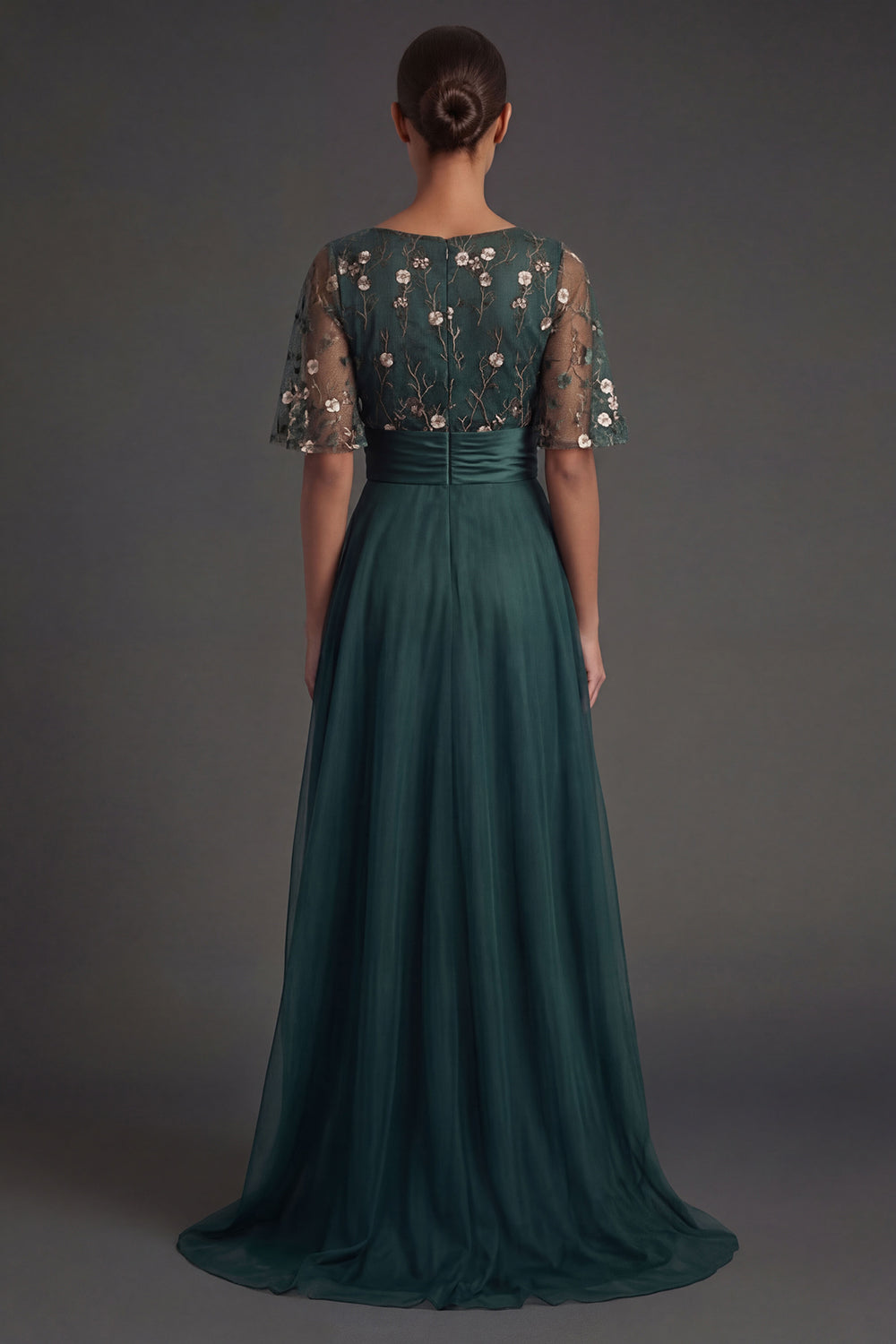 Short Sleeves A Line Floral Dark Green Round Neck High Low Formal Dress