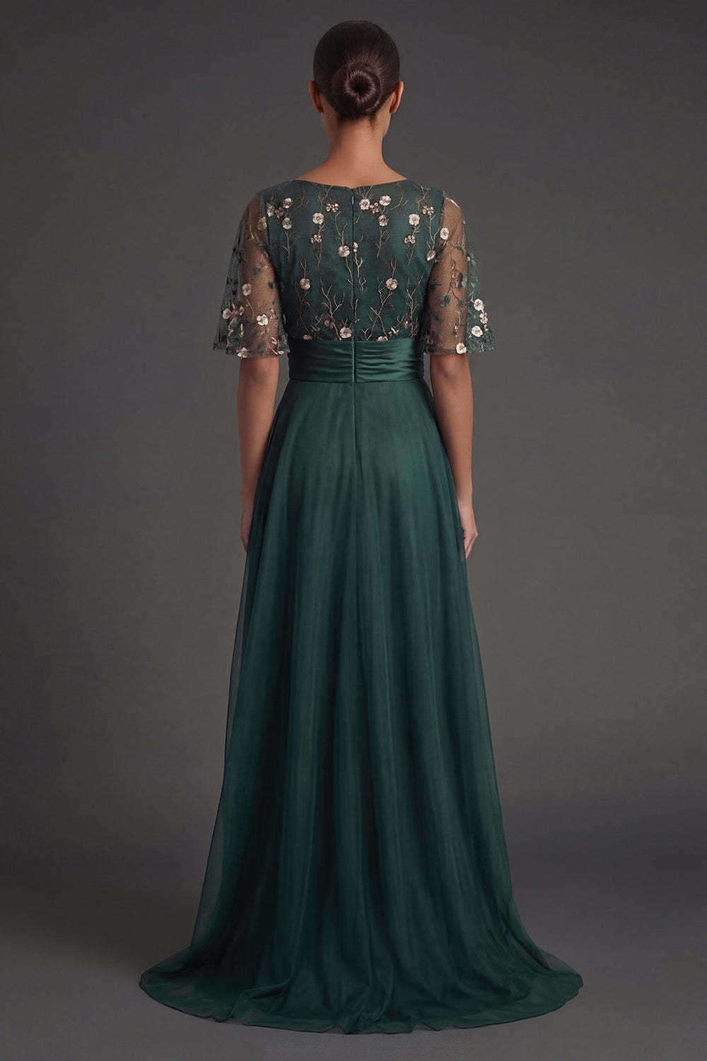 Short Sleeves A Line Floral Dark Green Round Neck High Low Formal Dress