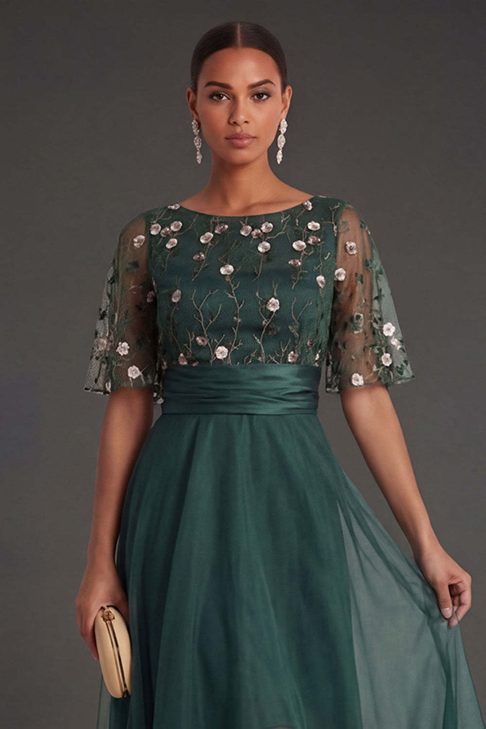 Short Sleeves A Line Floral Dark Green Round Neck High Low Formal Dress